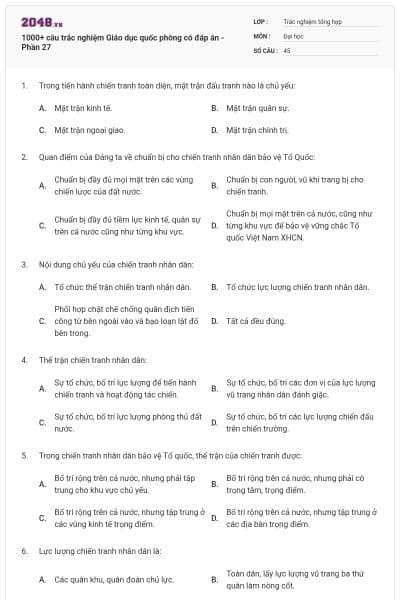 1000+ câu trắc nghiệm Giáo dục quốc phòng có đáp án - Phần 27