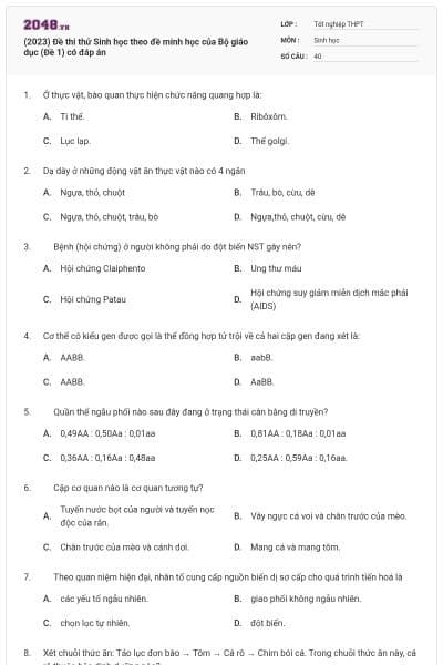 (2023) Đề thi thử Sinh học theo đề minh học của Bộ giáo dục (Đề 1) có đáp án