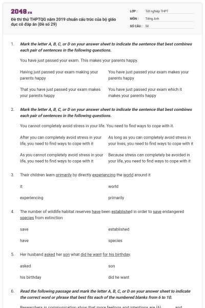 Đề thi thử THPTQG năm 2019 chuẩn cấu trúc của bộ giáo dục có đáp án (Đề số 29)