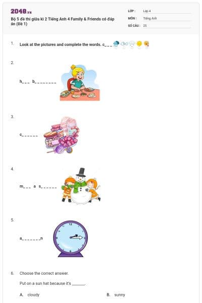 Bộ 5 đề thi giữa kì 2 Tiếng Anh 4 Family & Friends có đáp án (Đề 1)
