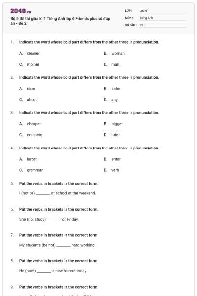 Bộ 5 đề thi giữa kì 1 Tiếng Anh lớp 6 Friends plus có đáp án - Đề 2