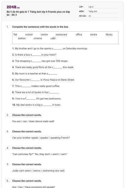 Bộ 5 đề thi giữa kì 1 Tiếng Anh lớp 6 Friends plus có đáp án - Đề 3