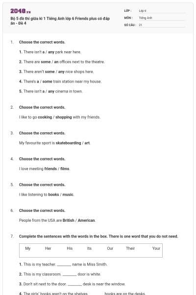 Bộ 5 đề thi giữa kì 1 Tiếng Anh lớp 6 Friends plus có đáp án - Đề 4