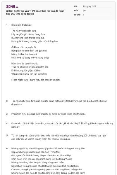 (2023) Đề thi thử Văn THPT soạn theo ma trận đề minh họa BGD ( Đề 3) có đáp án