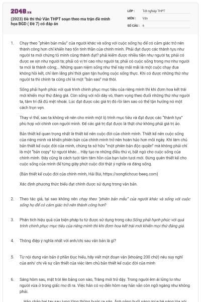 (2023) Đề thi thử Văn THPT soạn theo ma trận đề minh họa BGD ( Đề 7) có đáp án