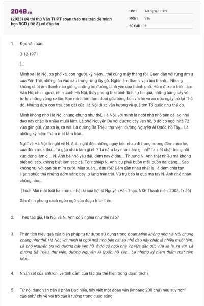 (2023) Đề thi thử Văn THPT soạn theo ma trận đề minh họa BGD ( Đề 8) có đáp án