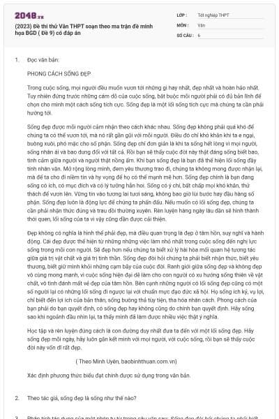 (2023) Đề thi thử Văn THPT soạn theo ma trận đề minh họa BGD ( Đề 9) có đáp án