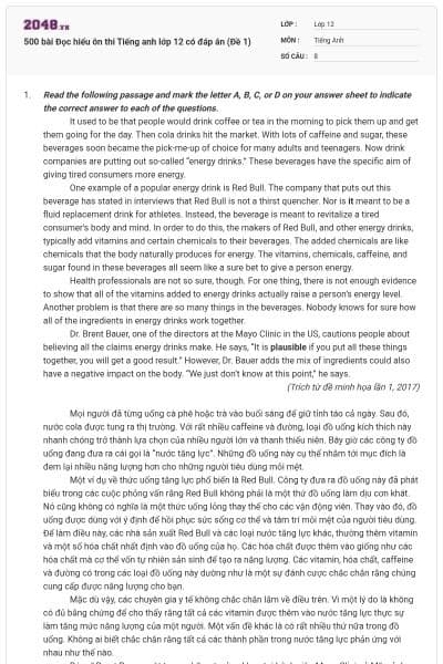 500 bài Đọc hiểu ôn thi Tiếng anh lớp 12 có đáp án (Đề 1)