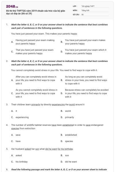 Đề thi thử THPTQG năm 2019 chuẩn cấu trúc của bộ giáo dục có đáp án (Đề số 29)