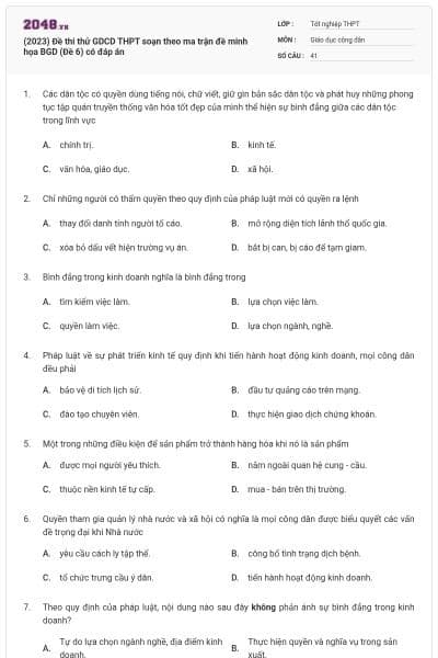 (2023) Đề thi thử GDCD THPT soạn theo ma trận đề minh họa BGD (Đề 6) có đáp án