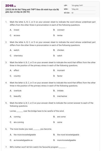 (2023) Đề thi thử Tiếng anh THPT theo đề minh họa của Bộ giáo dục có đáp án (Đề 93)
