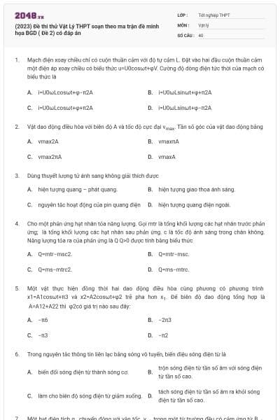 (2023) Đề thi thử Vật Lý THPT soạn theo ma trận đề minh họa BGD ( Đề 2) có đáp án