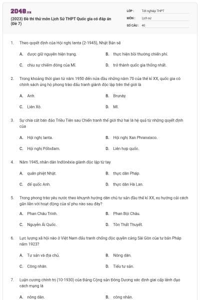 (2023) Đề thi thử môn Lịch Sử THPT Quốc gia có đáp án (Đề 7)