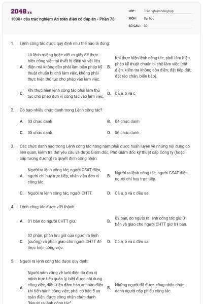1000+ câu trắc nghiệm An toàn điện có đáp án - Phần 78