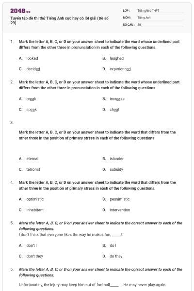 Tuyển tập đề thi thử Tiếng Anh cực hay có lời giải (Đề số 29)