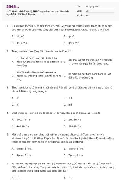 (2023) Đề thi thử Vật Lý THPT soạn theo ma trận đề minh họa BGD ( Đề 3) có đáp án