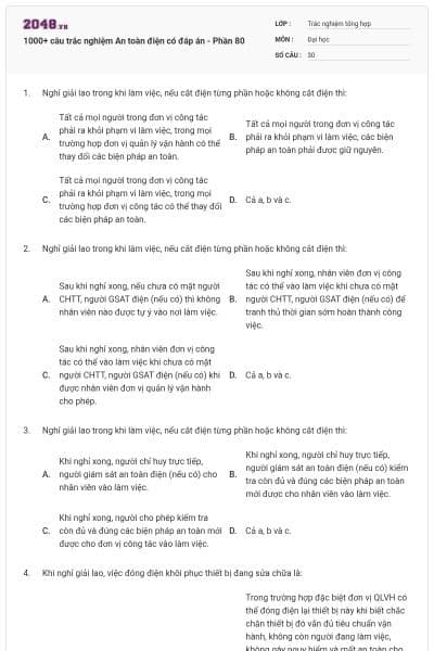 1000+ câu trắc nghiệm An toàn điện có đáp án - Phần 80
