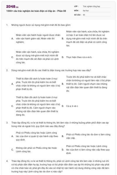 1000+ câu trắc nghiệm An toàn điện có đáp án - Phần 88