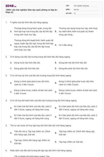 1000+ câu trắc nghiệm Giáo dục quốc phòng có đáp án - Phần 32