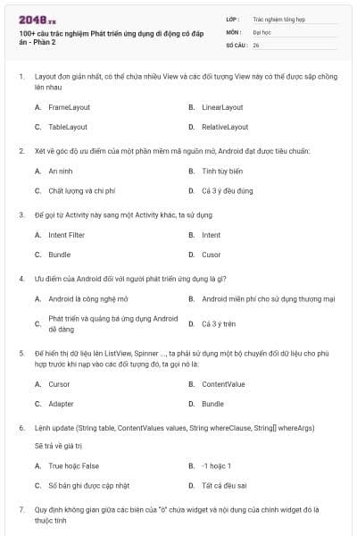 100+ câu trắc nghiệm Phát triển ứng dụng di động có đáp án - Phần 2