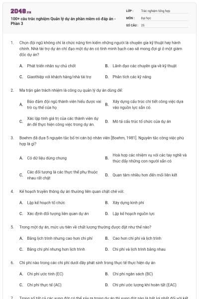 100+ câu trắc nghiệm Quản lý dự án phần mềm có đáp án - Phần 3