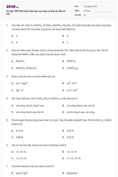 Ôn tập THPTGQ môn Hóa Học cực hay có đáp án (Đề số 20)