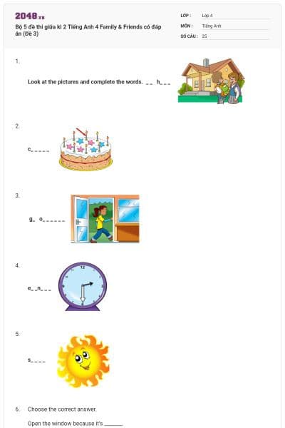 Bộ 5 đề thi giữa kì 2 Tiếng Anh 4 Family & Friends có đáp án (Đề 3)