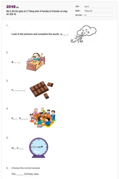 Bộ 5 đề thi giữa kì 2 Tiếng Anh 4 Family & Friends có đáp án (Đề 4)