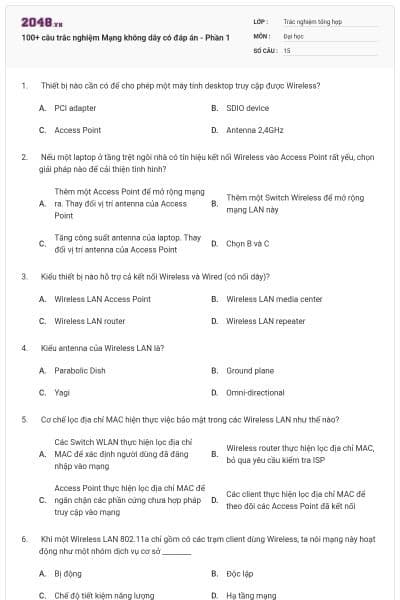100+ câu trắc nghiệm Mạng không dây có đáp án - Phần 1