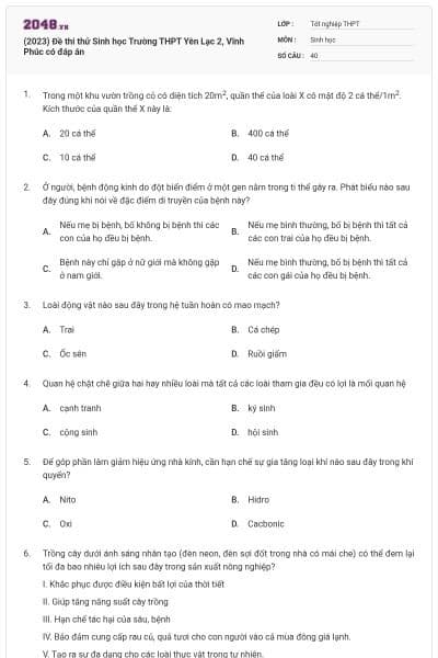 (2023) Đề thi thử Sinh học Trường THPT Yên Lạc 2, Vĩnh Phúc có đáp án