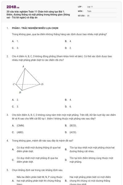20 câu trắc nghiệm Toán 11 Chân trời sáng tạo Bài 1. Điểm, đường thẳng và mặt phẳng trong không gian (Đúng sai - Trả lời ngắn) có đáp án