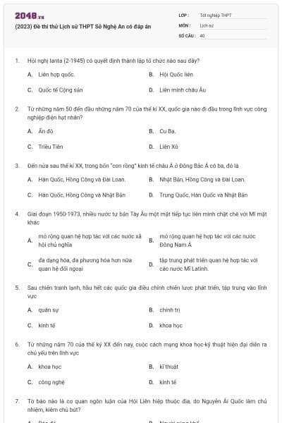 (2023) Đề thi thử Lịch sử THPT Sở Nghệ An có đáp án