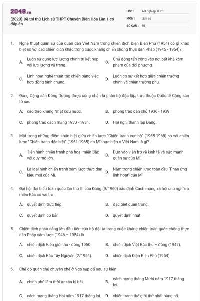 (2023) Đề thi thử Lịch sử THPT Chuyên Biên Hòa Lần 1 có đáp án