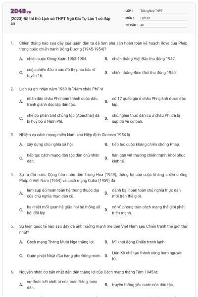 (2023) Đề thi thử Lịch sử THPT Ngô Gia Tự Lần 1 có đáp án