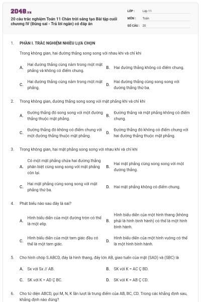 20 câu trắc nghiệm Toán 11 Chân trời sáng tạo Bài tập cuối chương IV (Đúng sai - Trả lời ngắn) có đáp án