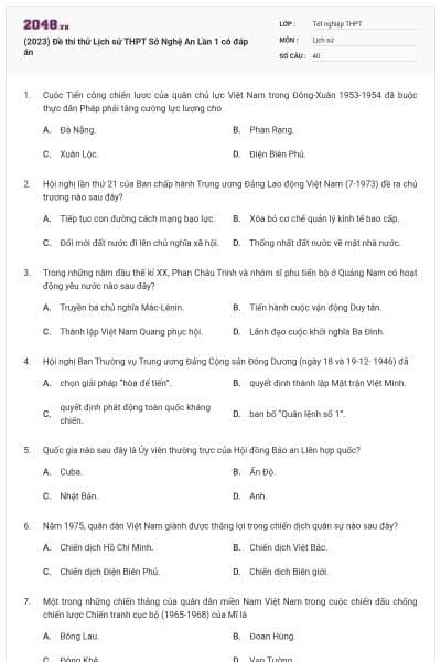 (2023) Đề thi thử Lịch sử THPT Sở Nghệ An Lần 1 có đáp án