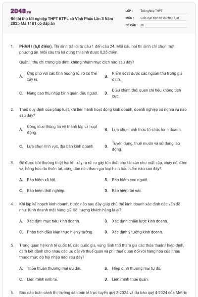 Đề thi thử tốt nghiệp THPT KTPL sở Vĩnh Phúc Lần 3 Năm 2025 Mã 1101 có đáp án