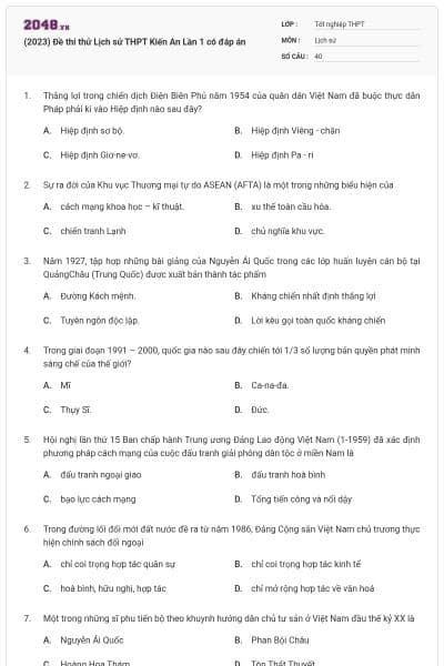 (2023) Đề thi thử Lịch sử THPT Kiến An Lần 1 có đáp án