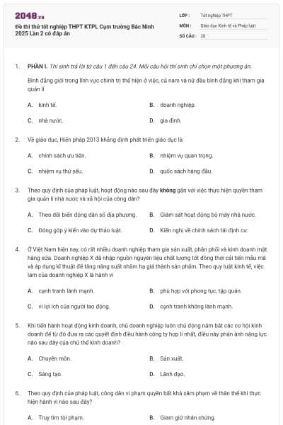 Đề thi thử tốt nghiệp THPT KTPL Cụm trường Bắc Ninh 2025 Lần 2 có đáp án