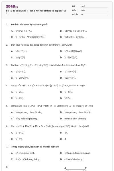 Bộ 10 đề thi giữa kì 1 Toán 8 Kết nối tri thức có đáp án - Đề 1