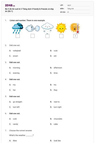 Bộ 5 đề thi cuối kì 2 Tiếng Anh 4 Family & Friends có đáp án (Đề 1)