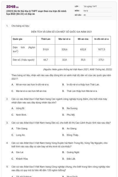 (2023) Đề thi thử Địa lý THPT soạn theo ma trận đề minh họa BGD (Đề 22) có đáp án