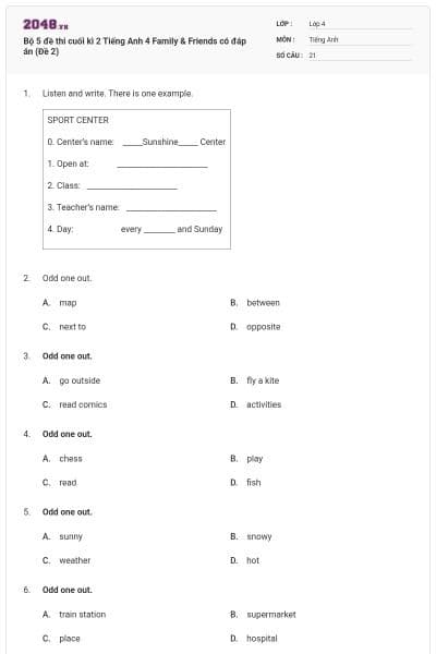 Bộ 5 đề thi cuối kì 2 Tiếng Anh 4 Family & Friends có đáp án (Đề 2)