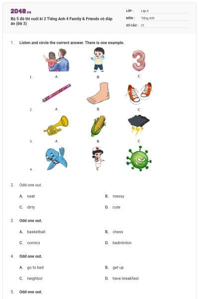 Bộ 5 đề thi cuối kì 2 Tiếng Anh 4 Family & Friends có đáp án (Đề 3)