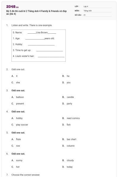 Bộ 5 đề thi cuối kì 2 Tiếng Anh 4 Family & Friends có đáp án (Đề 4)