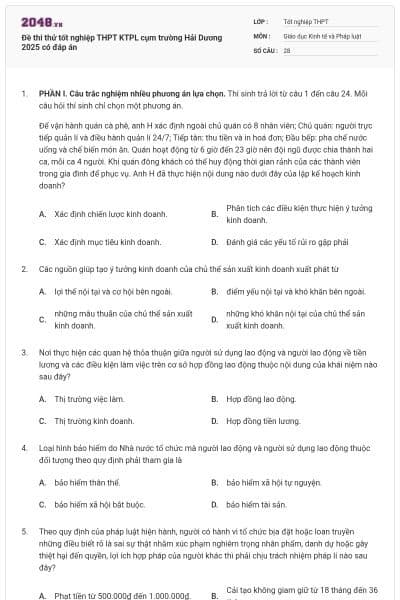 Đề thi thử tốt nghiệp THPT KTPL cụm trường Hải Dương 2025 có đáp án