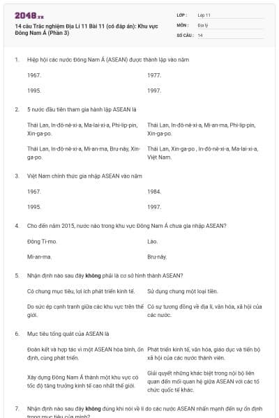 14 câu  Trắc nghiệm Địa Lí 11 Bài 11 (có đáp án): Khu vực Đông Nam Á (Phần 3)