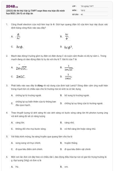 (2023) Đề thi thử Vật Lý THPT soạn theo ma trận đề minh họa BGD ( Đề 9) có đáp án