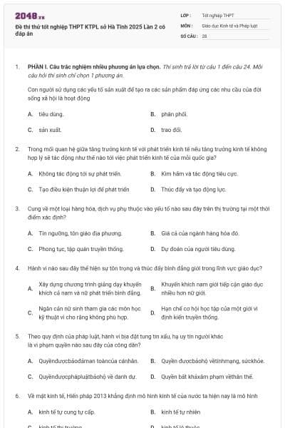 Đề thi thử tốt nghiệp THPT KTPL sở Hà Tĩnh 2025 Lần 2 có đáp án