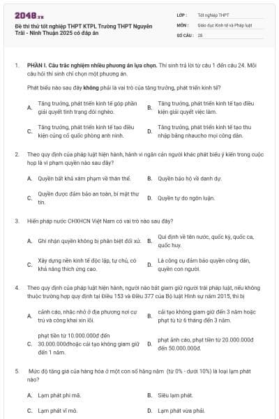 Đề thi thử tốt nghiệp THPT KTPL Trường THPT Nguyễn Trãi - Ninh Thuận 2025 có đáp án